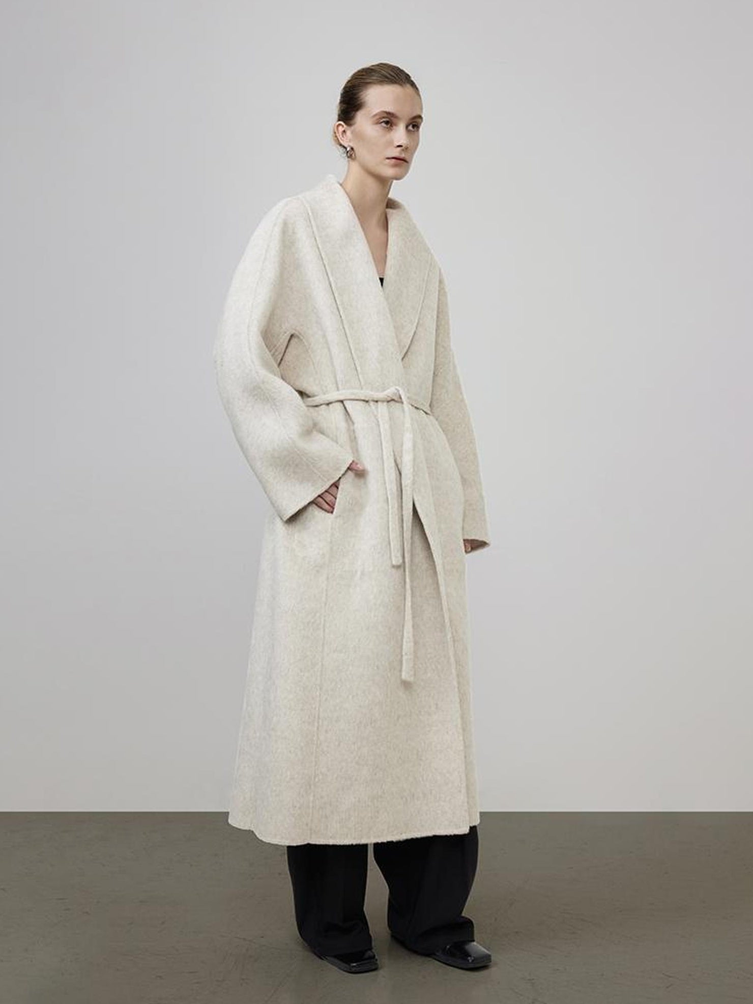 UNSPOKEN Wool Rabbit Cashmere Silk Blend Minimal Straight Belted Workwear Longline Coat
