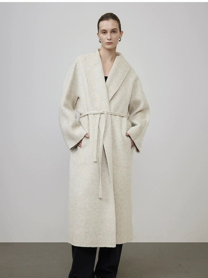 UNSPOKEN Wool Rabbit Cashmere Silk Blend Minimal Straight Belted Workwear Longline Coat