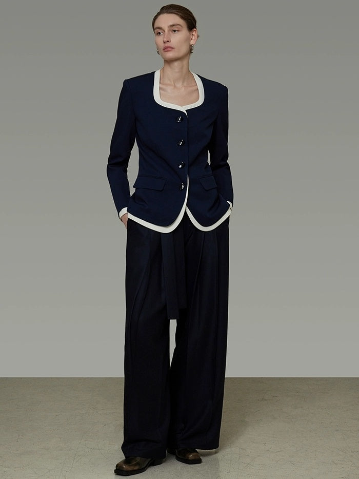 UNSPOKEN Wrinkle Resistant Stretch Commuter Relaxed Button Front Flap Pocket Navy Blouse