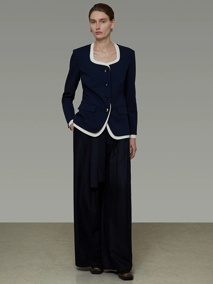 UNSPOKEN Wrinkle Resistant Stretch Commuter Relaxed Button Front Flap Pocket Navy Blouse