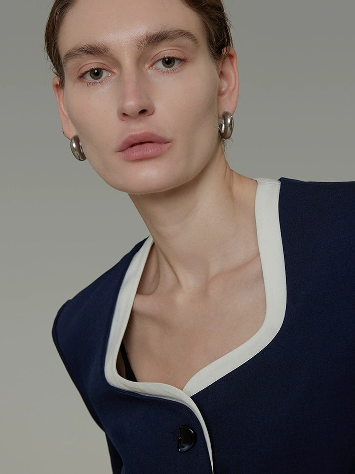 UNSPOKEN Wrinkle Resistant Stretch Commuter Relaxed Button Front Flap Pocket Navy Blouse