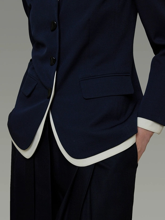 UNSPOKEN Wrinkle Resistant Stretch Commuter Relaxed Button Front Flap Pocket Navy Blouse