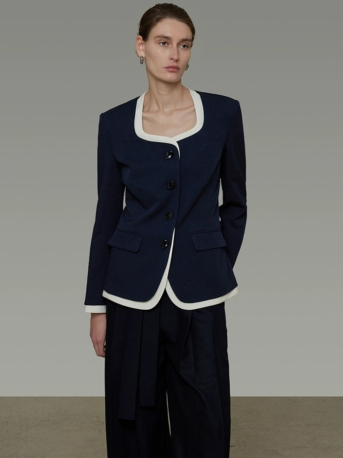 UNSPOKEN Wrinkle Resistant Stretch Commuter Relaxed Button Front Flap Pocket Navy Blouse