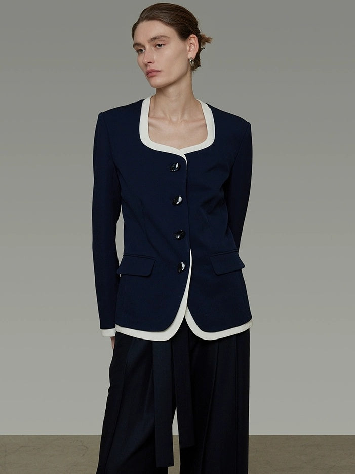 UNSPOKEN Wrinkle Resistant Stretch Commuter Relaxed Button Front Flap Pocket Navy Blouse
