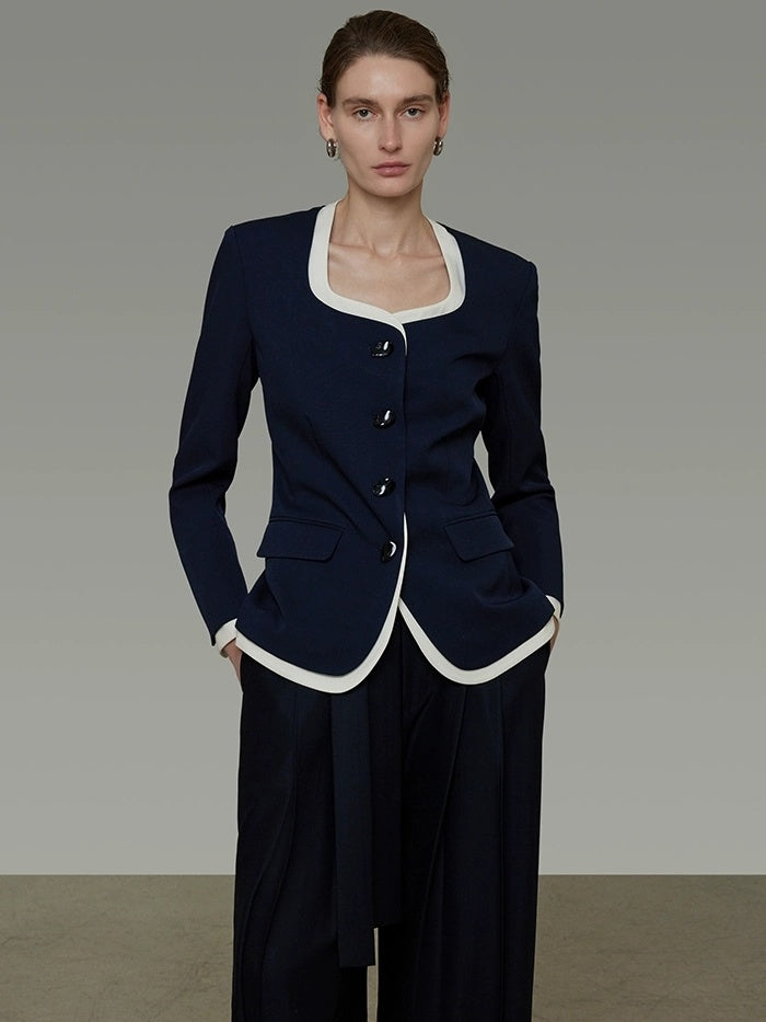 UNSPOKEN Wrinkle Resistant Stretch Commuter Relaxed Button Front Flap Pocket Navy Blouse