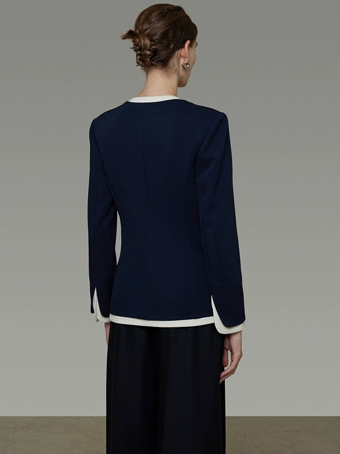 UNSPOKEN Wrinkle Resistant Stretch Commuter Relaxed Button Front Flap Pocket Navy Blouse