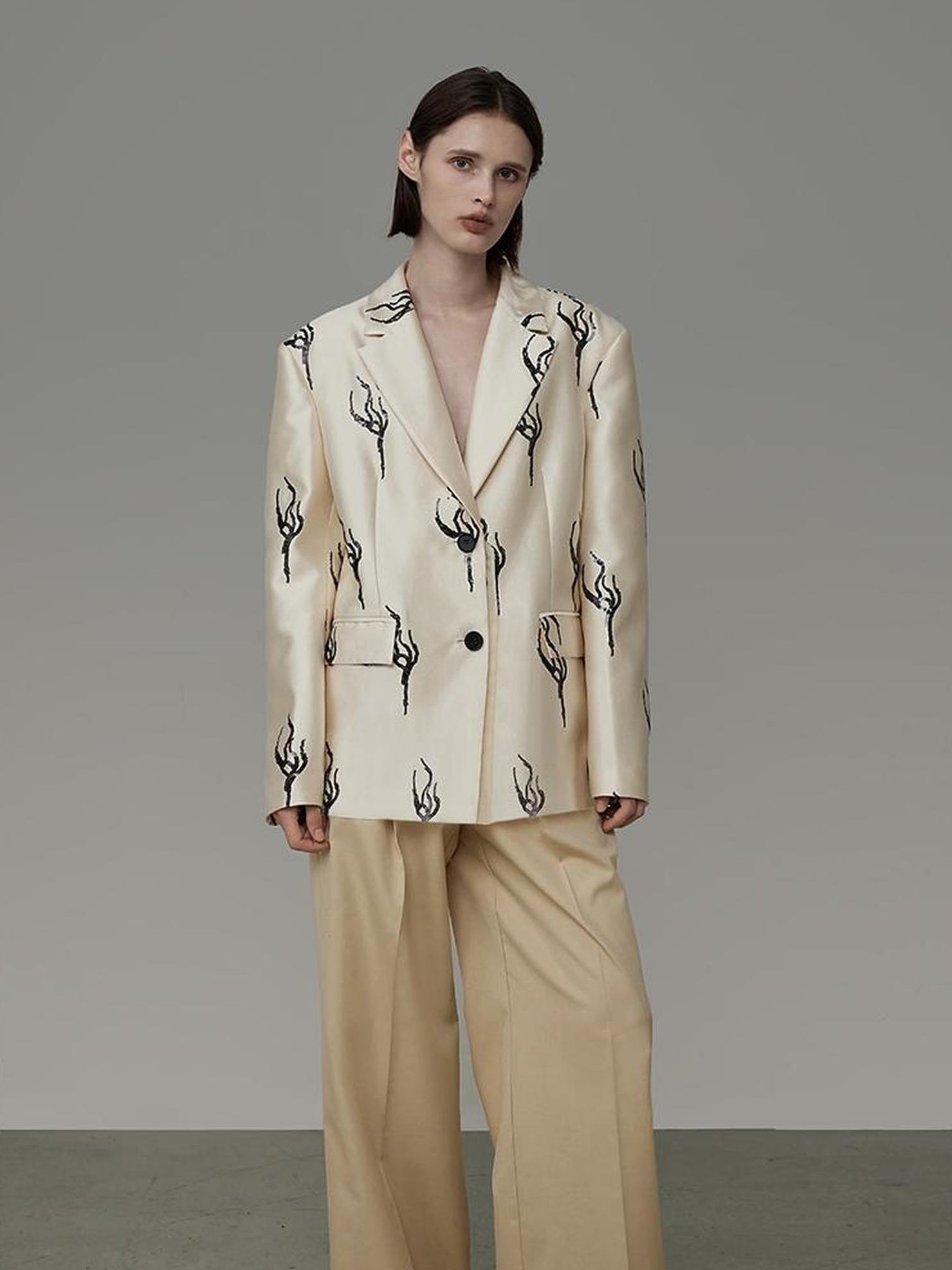 UNSPOKEN Young Professional Chic Loose Fit Single Breasted Notched Lapel Beige Blazer